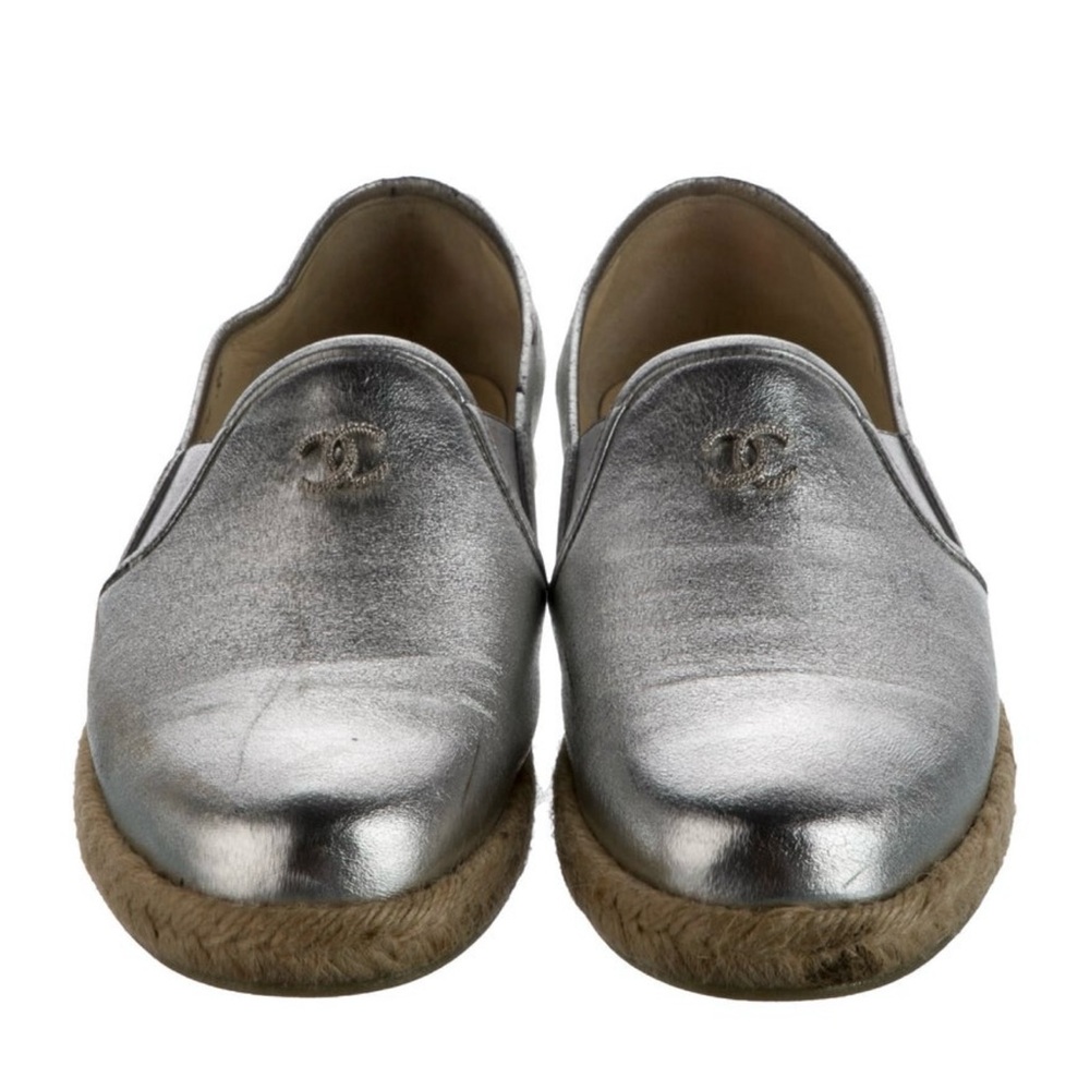 CHANEL Metallic Silver Espadrille Loafers